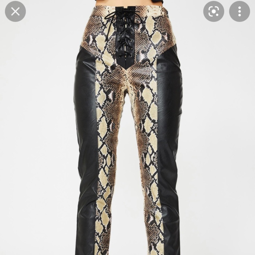 Faux leather lace-up snakeskin pants